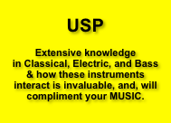        

USP

Extensive knowledge
in Classical, Electric, and Bass
& how these instruments
interact is invaluable, and, will compliment your MUSIC. 

     